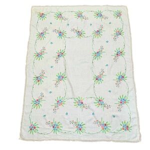 Vintage hand embroidered floral cotton tablecloth with cotton lace trim